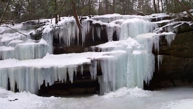 An absolutely gorgeous sight! A frozen in time water cascade on the trail at Old Man's Cave. This multi-tiered natural masterpiece had to be 25ft tall and stretch over 100ft wide. The lowest tier is tall enough that you can walk behind it.