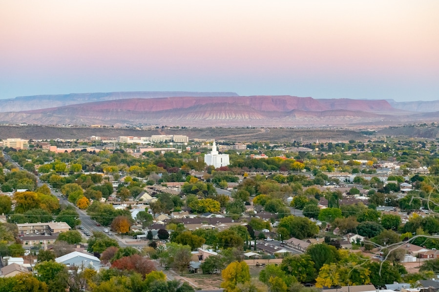 Beautiful St George, Utah! Fun fact: no other structure in town can be taller than the Mormon temple #stgeorge #southern #utah #temple #city #canyons #sunset #travel #wanderlust
