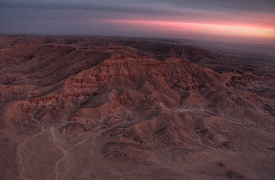 Sunrise aerial view of Luxor as seen from a hot air balloon