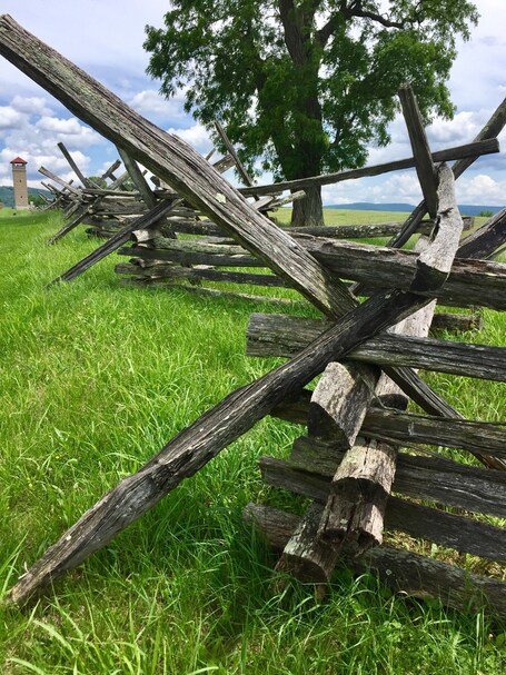 value: "Looking through the fence line along the Sunken Road toward the observation tower that was built by Veterans in 1896. "
