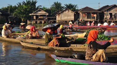 A boat ride around the colorful floating markets of Borneo. #Adventure
