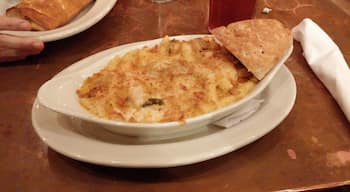 Creole Mac & Cheese: Andouille sausage, roasted chicken, caramelized onions, red and green bell peppers and mozzarella, topped with panko bread crumbs