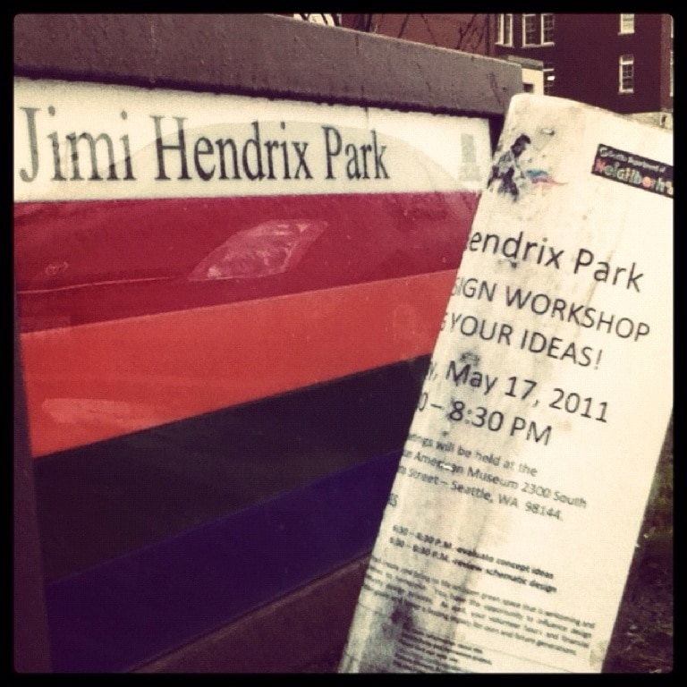 This park was dedicated to Jimi Hendrix in 2006, but it is nothing more than a sign and a stretch of grass and pavement. However, the Jimi Hendrix Park Foundation is hard at work dreaming up the future development of this park. They aim to motivate youth and others to achieve in music and art, and strengthen the cultural pulse of the Emerald City.

So for Jimi Hendrix fans, stop by in a year or two. In the meantime, kids and dogs will appreciate the lone fire hydrant parked in the middle of the vast grassy expanse. I should also mention that it is adjacent to the Northwest African American Museum which is a discovery in its own right. 