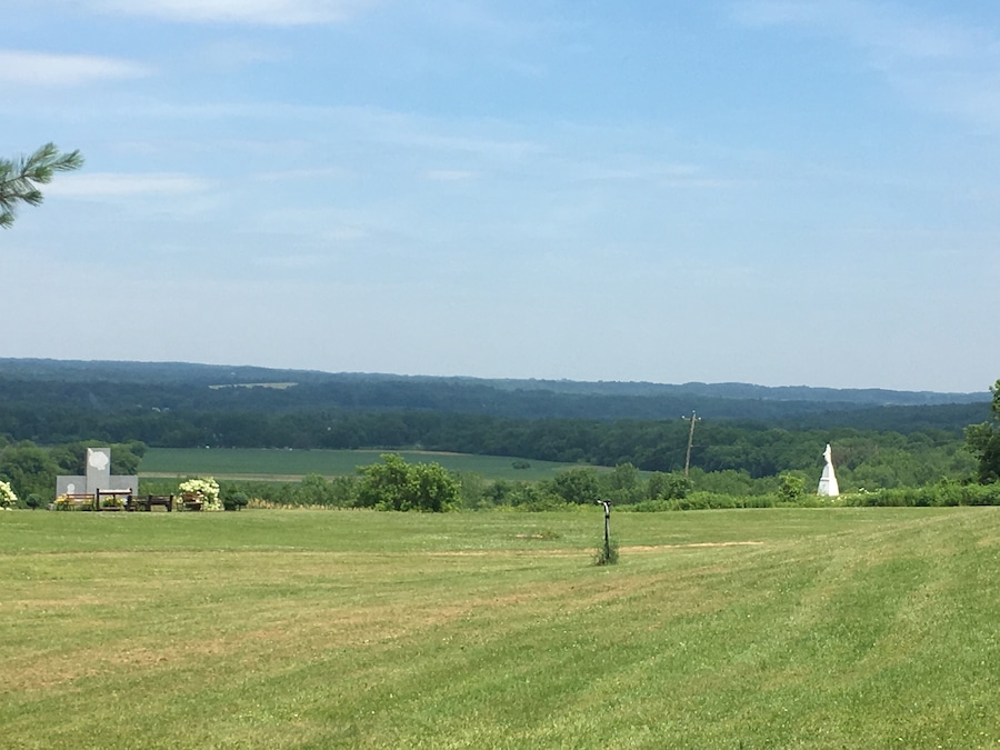 Statues are spread across the property.