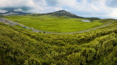 Kusasenri (Kusasenri Plateau, 草千里ケ浜) is one of the most iconic sceneries in Kumamoto Prefecture. It is a vast grassland plateau with grazing cows and horses, as well as a commanding view of Mt. Eboshi (in the background) and the currently active Mt. Naka (far left of photo, with dark billowing smoke). Pampas grass have already covered most of the area signaling the coming of autumn.