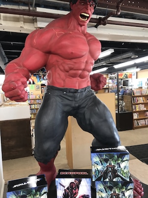 This book store is pretty famous for having some unique things. This is a 8 or 9 foot tall really mad hulk. Was made for a hulk movie and I think I remember there only being three of them made... Pretty interesting stuff here
