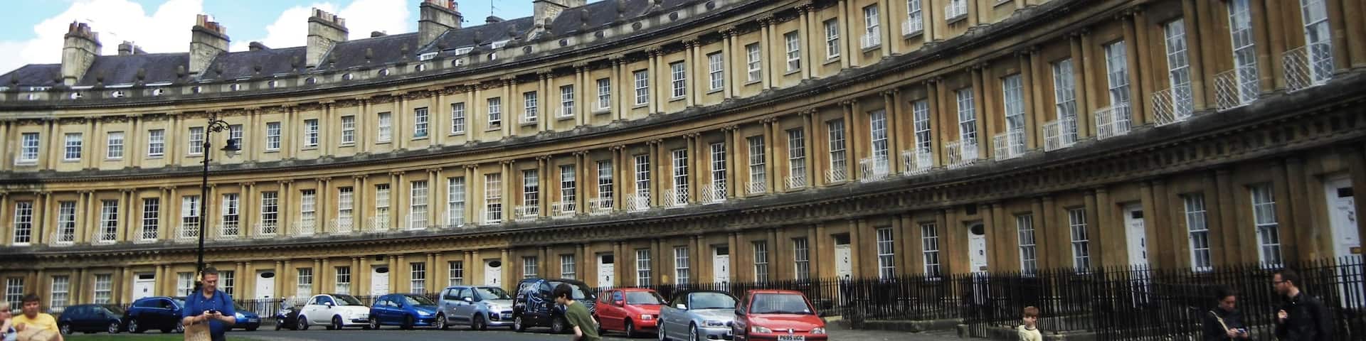 Great example of the majestic Georgian Architecture, The Circus in the city of Bath Somerset, UK is a circular collection of Town Houses. Dated as old as 1754 AD, best viewed from an airplane.