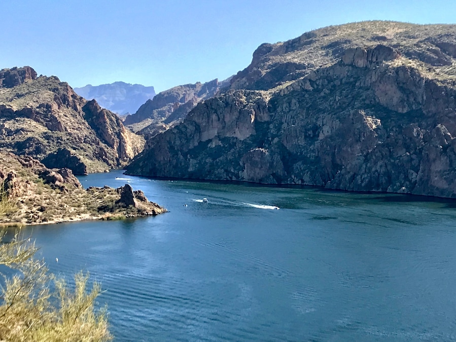 Looking towards canyon of Saguaro lake. Flatiron mountain can be seen in the distance.