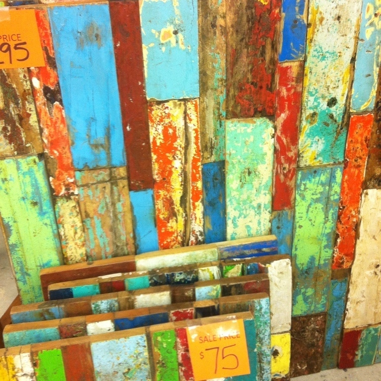 Scott's market where you can one of a kind furniture like this table tops made out of repurposed sides of boats.