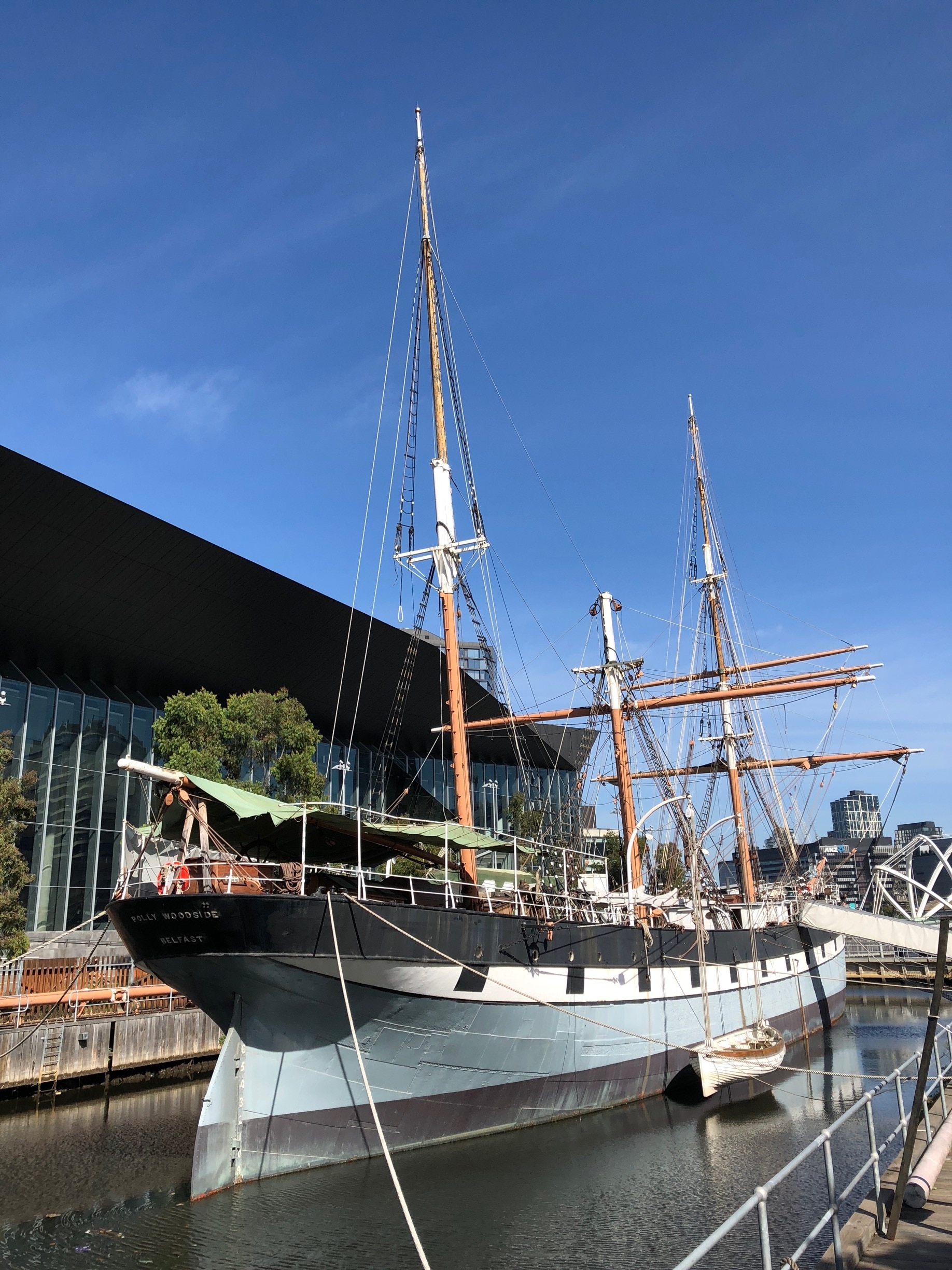 The Polly Woodside is a three masted iron hulled barque preserved in Melbourne Victoria.
Belfast built and launched in December 1885 it has sailed 1.5 million km around the globe it is now a static display in South Wharf.  Guided tours of the ship including below decks are available.
