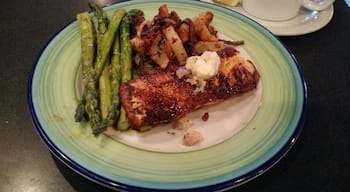 Blackened Alaskan Salmon w/Roasted Asparagus and Lyonnaise Potato's 