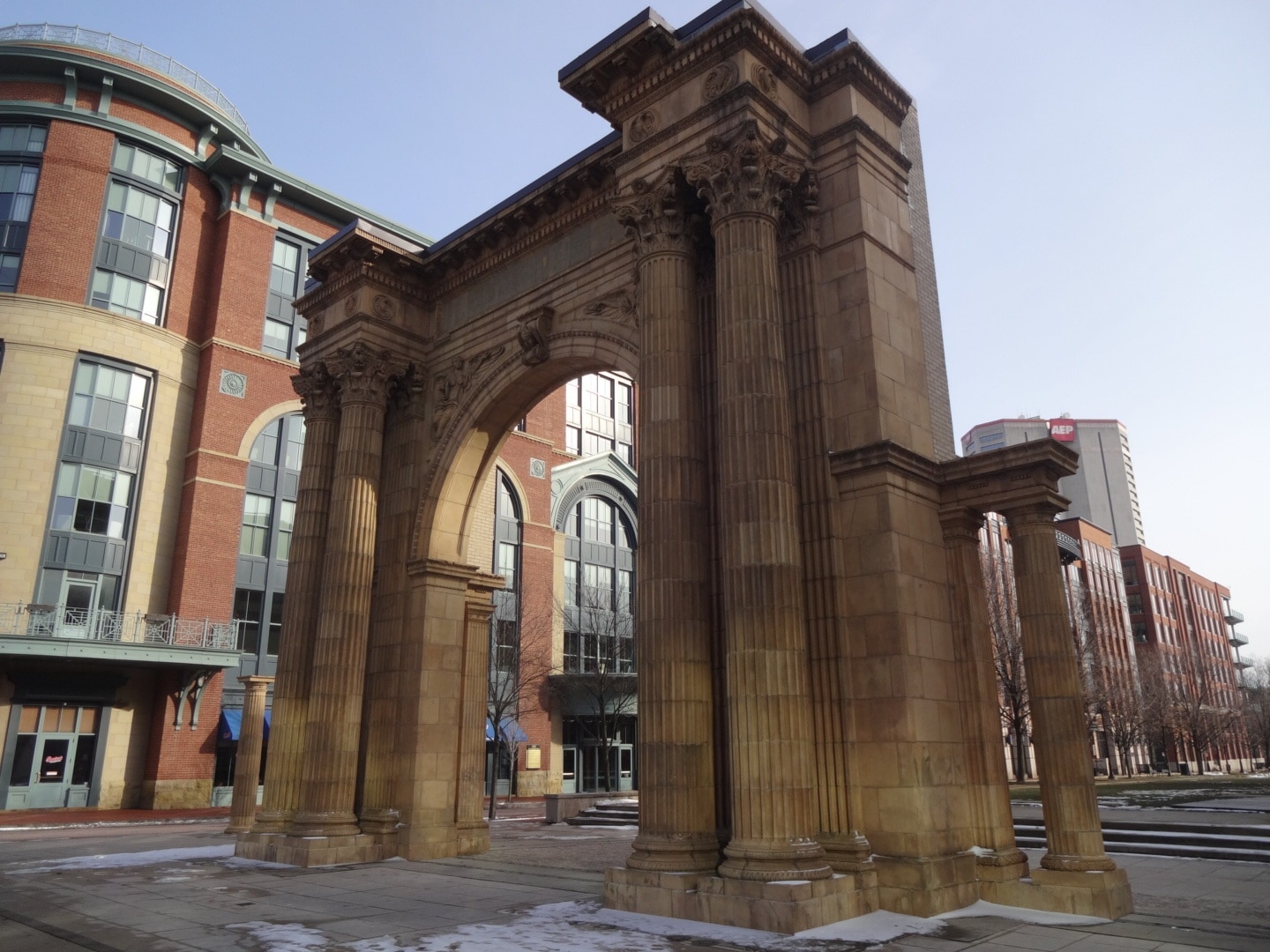 This arch is all that remains of Columbus Grand Union Station, the city's third and final train station. 

Built in 1897 and designed by Daniel H. Burnham and Company of Chicago, the train station was located in the current footprint of the Greater Columbus Convention Center. 

On October 22, 1976, demolition began despite having been listed on the National Register of Historic Places two years earlier. A restraining order federal judge George Smith halted demolition, but it was too late and only one arch of the ornate structure was saved.

In 1999, the arch in its entirety was slowing inched over several blocks to its current location at Dimon McPherson Commons in the Arena District.

#architecture
