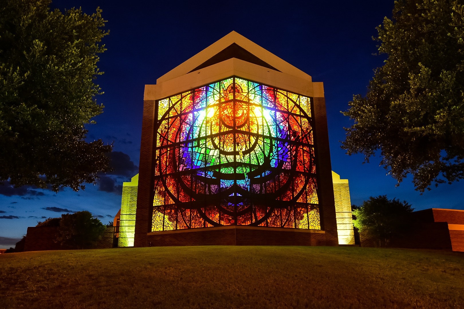 While on a recent family roadtrip I stumbled across this amazing stained glass on the campus.  
I was driving to a different area to go shooting and felt obligated to stop and shoot this amazing work!
I love exploring unfamiliar areas to find these photographic gems!