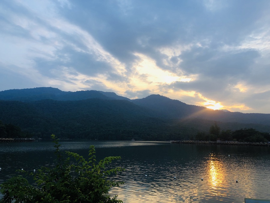 Beautiful mountain and lake at sunset.
