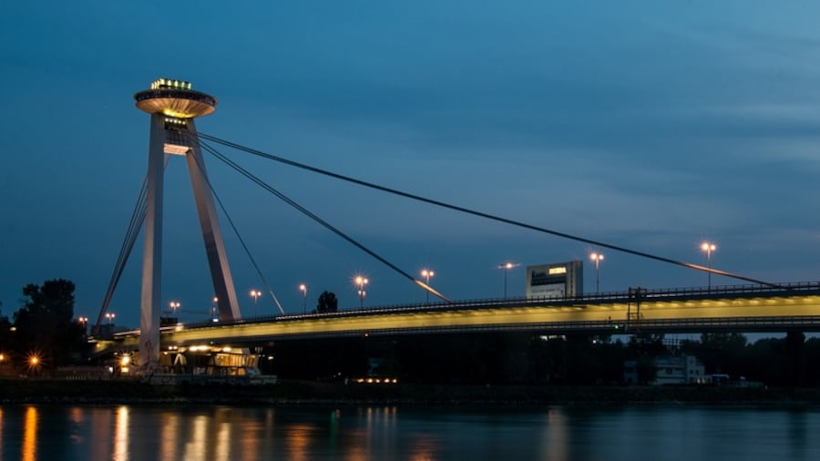 The bridge of the Slovakian National Uprising, in Bratislava. Also known as the "UFO" bridge, it's the longest spanning single-pylon structure in the world.
The restaurant and observation deck gives some pretty outstanding views of the city, but here on the promenade is another fantastic