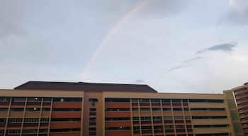 It rained heavily in the late afternoon and after the thunderstorm, here’s the rainbow!