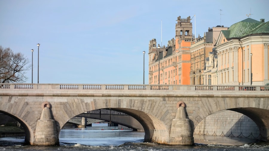 Norrbro was one of the first bridges of Stockholm to be built in stone. It was completed in ten years, with the northern portion, supported by three arches, finished in 1797, and the southern, supported by a single arch, in 1806. Norrbro replaced two old wooden bridges, Slaktarehusbron and Vedgårdsbron, both demolished on its completion.
The Swedish Prime Minister lives in the yellow building, Sagerska huset.