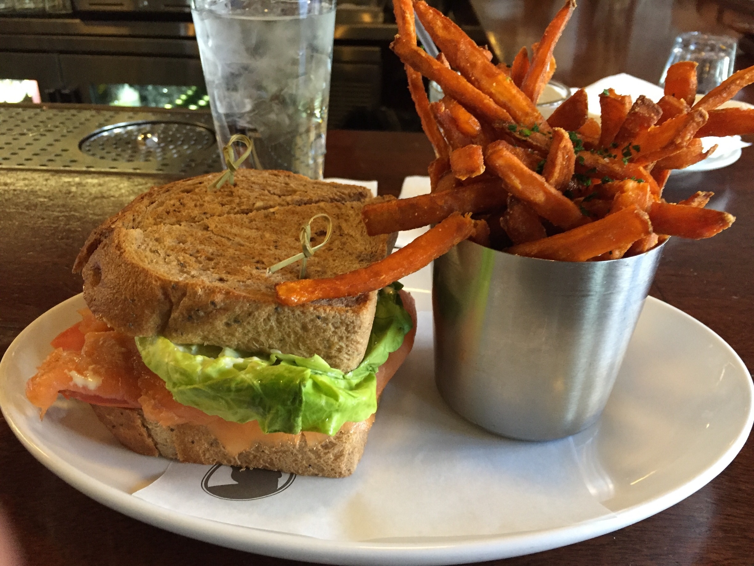 Great salmon BLT with sweet potato fries