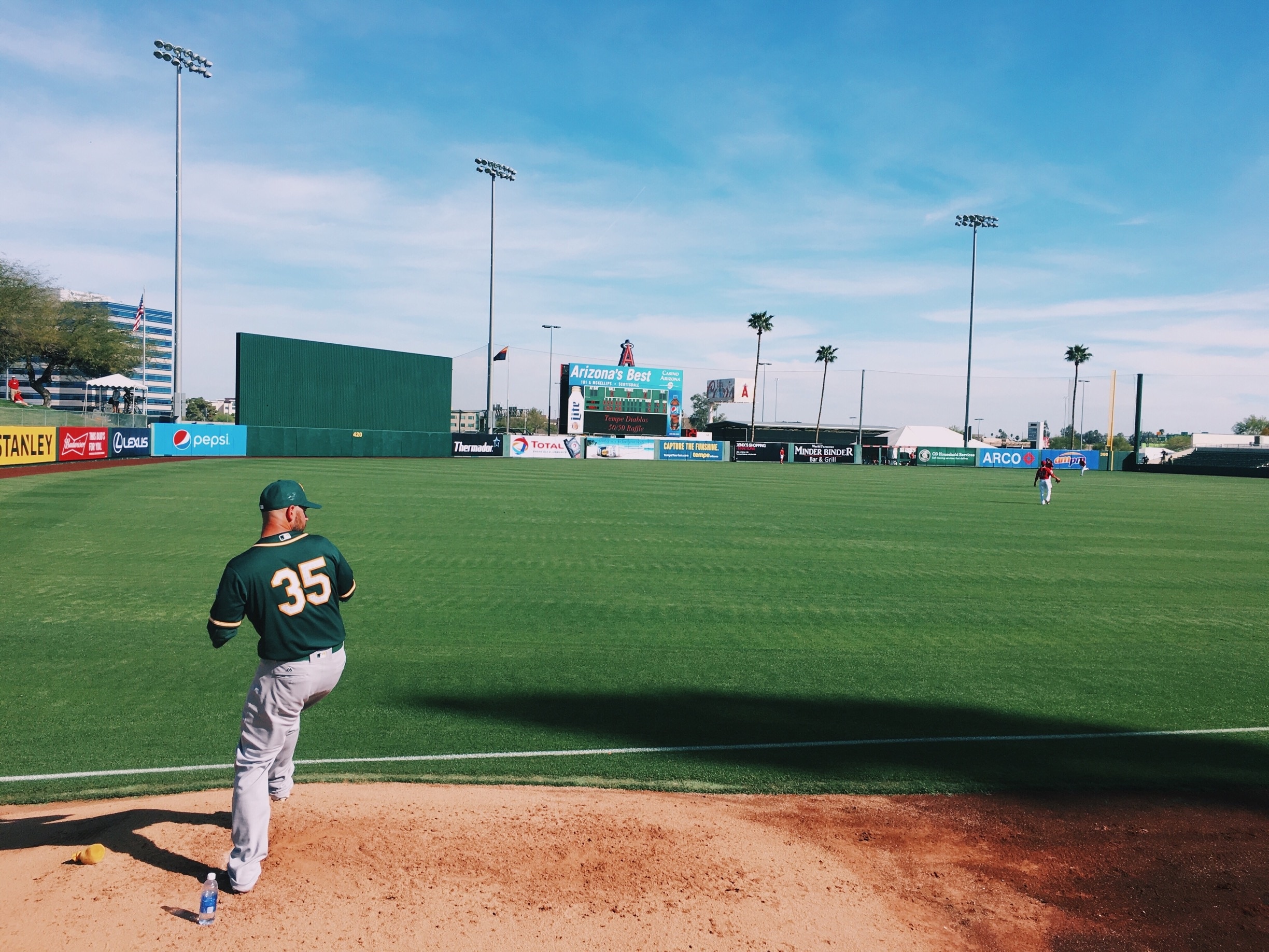 Get close to the dugout of the away team pitchers at the Angles spring training stadium.