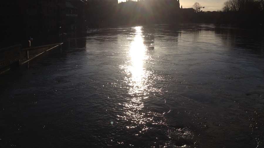 Worcester cathedral during the floods