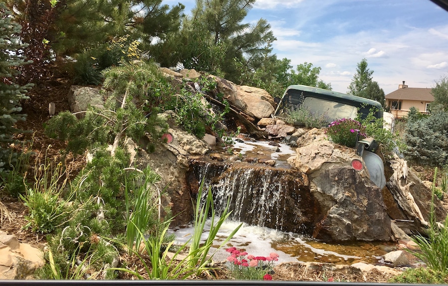 The back view of their unique water feature at The Sprucery’s entrance to nursery.
