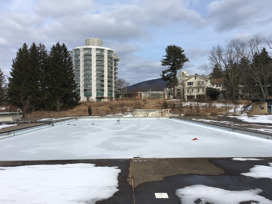 Swimming pool and hotel buildings at an old abandoned resort in the Catskills!!!