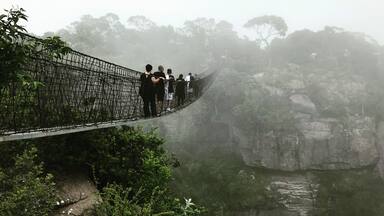 Hanging Bridge disappearing in the rain mist over an extremely high tropical gorge.