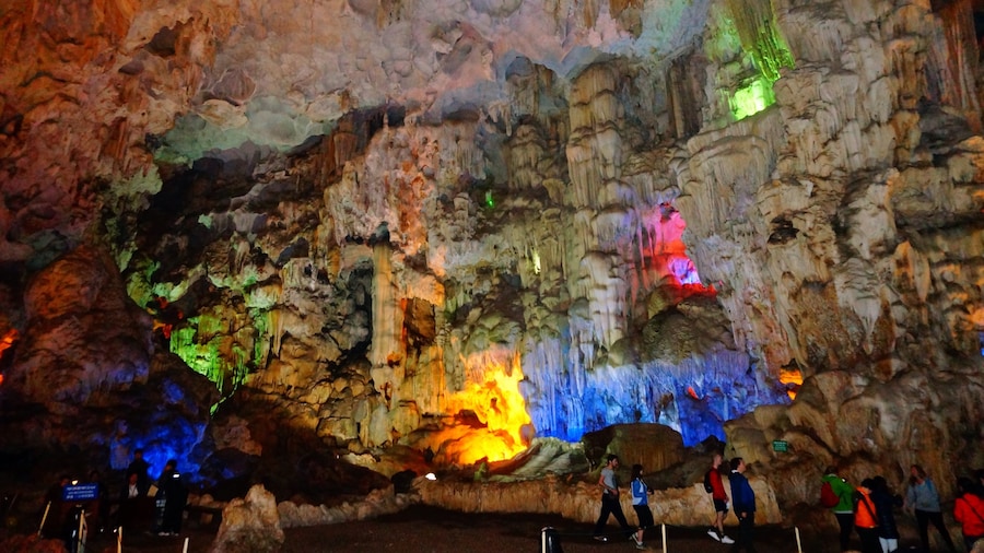 A magical cave at Halong Bay. It was believed to be submerged in water some hundred years ago. Now the stalactites and stalagmites are a wonder to see. The cave is extremely huge and a bit elevated from the bay to reach the opening.