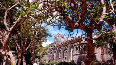 St John's parish church in Barbados. Originally built in 1645 destroyed by fire then rebuilt and destroyed by a hurricane and rebuild in its present form in the 1800's 
There are beautiful views from the church yard of the east coast of Barbados 