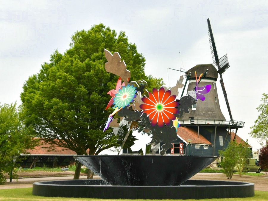 The cultural capital of Europe in 2018 is Leeuwarden-Friesland that commissioned 11 fountains in the 11 cities of the province. This fontain containting forgotten flowers in called Rikka is created by Japanese artists Shinji Ohmaki