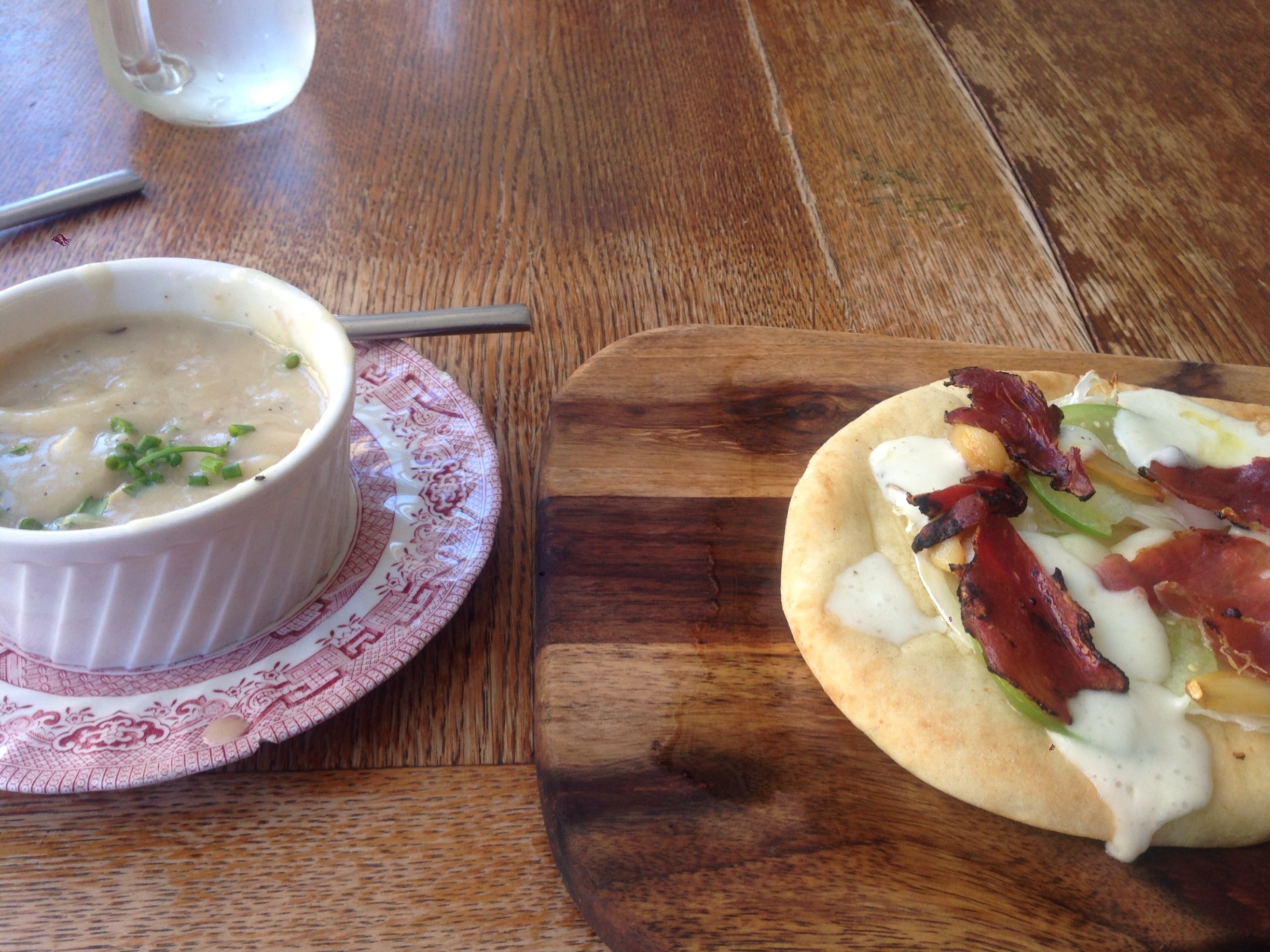 Duck and dumplings soup (amazing) and flat bread.  Get here and way this now!