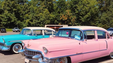 Retro cars are cool. #carshow #50s #pinkcar #bluecar #oldcars #backintime #wayback #retro #neon #pastels #color #colorfulcars #expensivecars