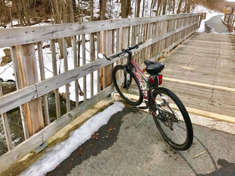 Very unusual to be able to ride the Kennebec Rail Trail in Feburary, this is Maine after all. This 13 mile, out and back, trail is quite flat and paved. Used for walking, biking and running, no motorized transportation.