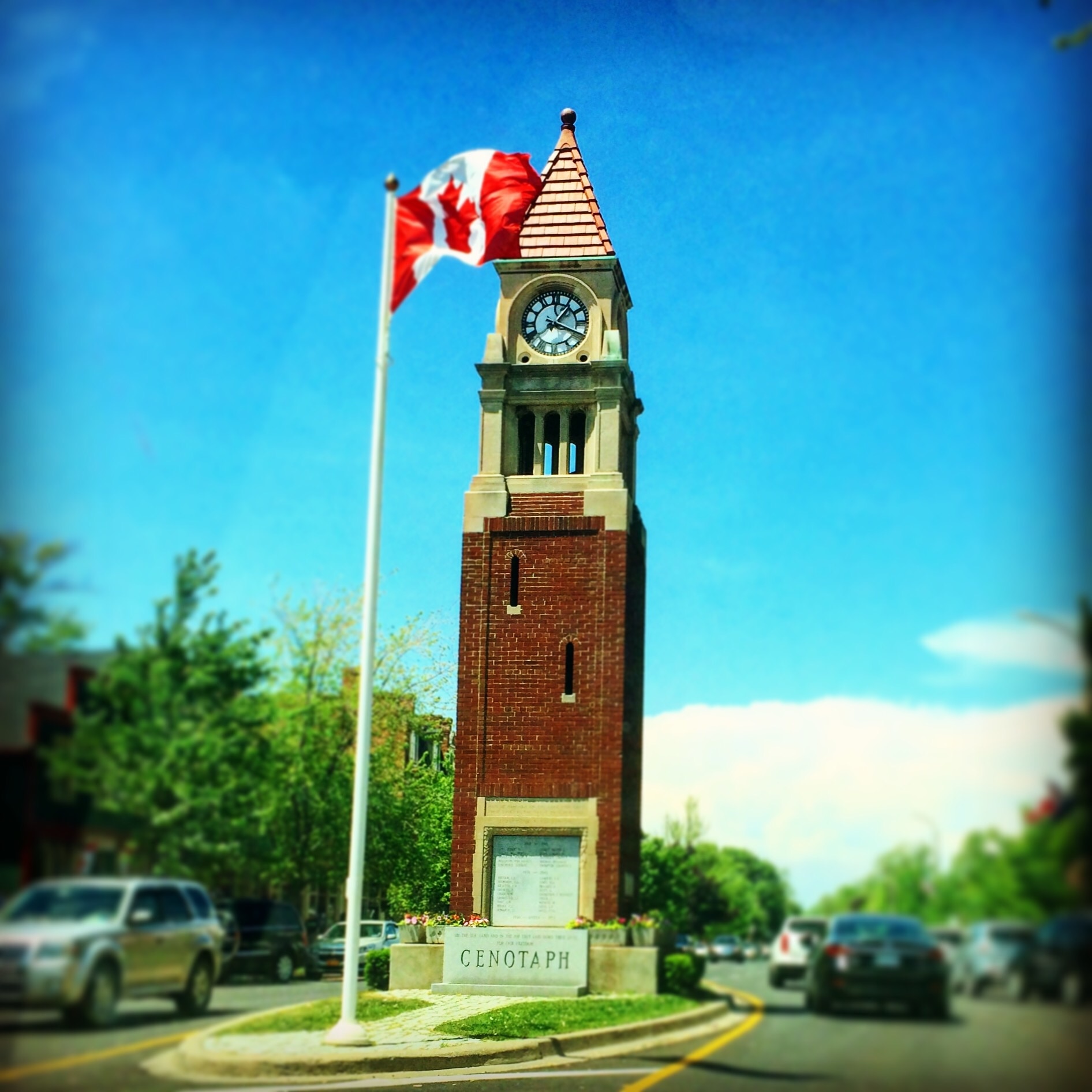 The Niagara-on-the-Lake Memorial Clock Tower - actually a cenotaph erected in 1922 - in the heart of Old Town on Queen Street.