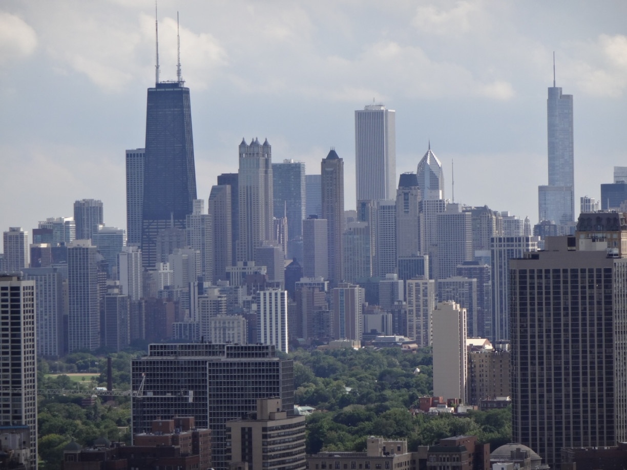 A 10x optical zoom view looking south of the Chicago skyline as seen from the 48th floor rooftop patio of the New York condo building in Lakeview. The New York was open for occupancy in 1987 and has a total of 594 residential units.
