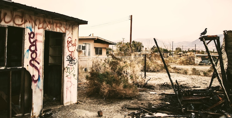 Abandoned - what was once a community is now a ghost town. Situated directly over the San Andreas fault, extreme salinity of the waters around Salton Sea area has forced its residents to abandon their homes.