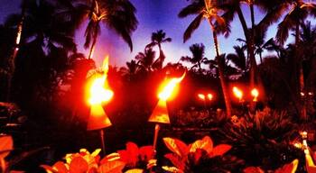 An "overworked" early evening  picture of the torchlit garden path at the Marriott's Ko Olina Beach Club.
