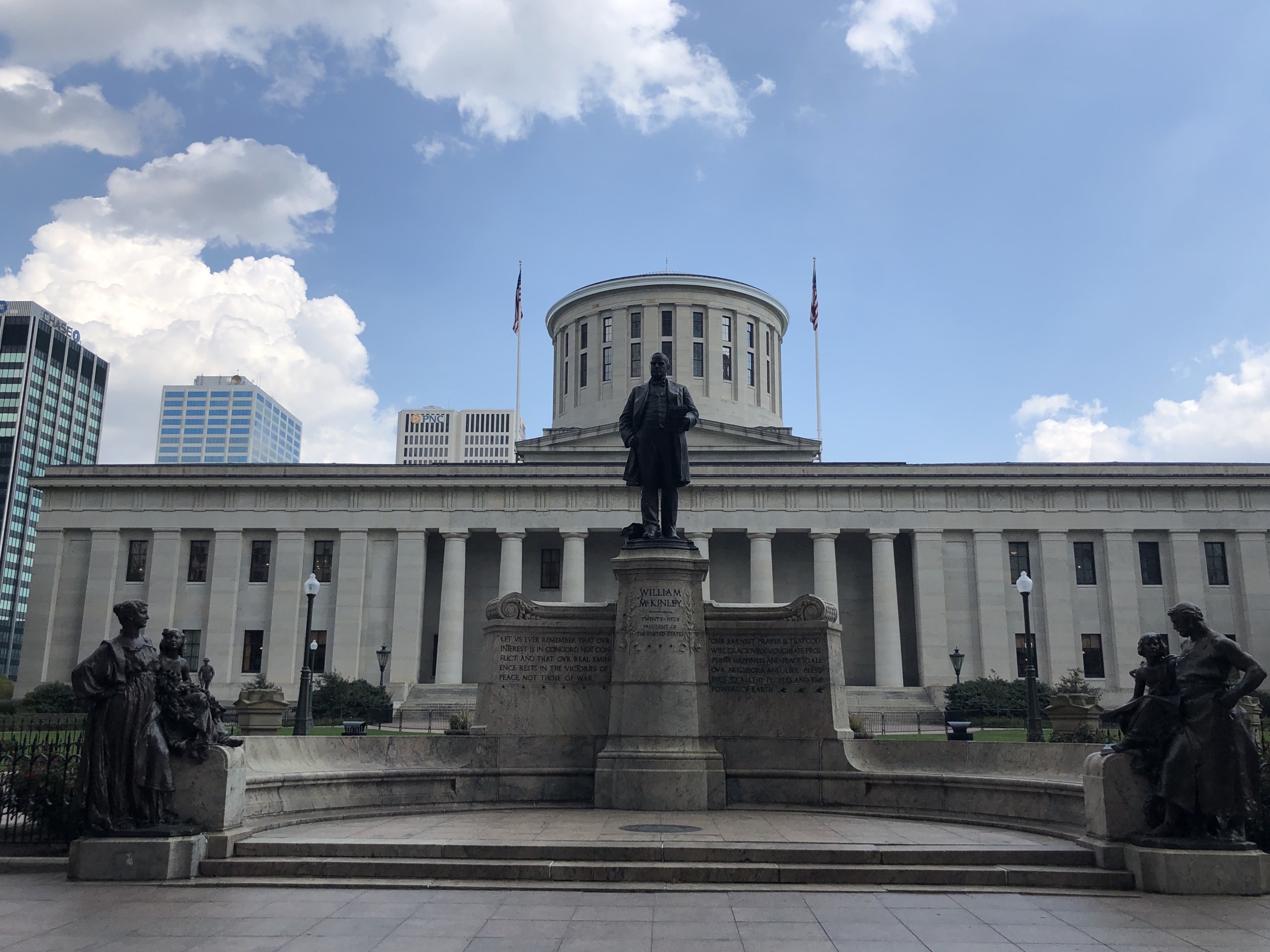 Completed in 1861 the Ohio Statehouse is one of the few that does not have a dome. The statue was placed in 1906 to honor William McKinley, former Ohio Governor and US President.