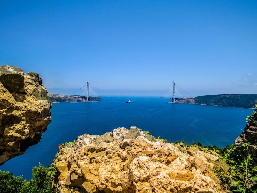 Confluence of the Bosphorus and the Black Sea, viewed from the Yoros Castle, Istanbul, Turkey.