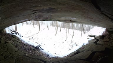 The view looking out over the barren trees and white snow of the valley from the back of the recess cave at Boch Hollow State Nature Preserve. The preserve is located near the very popular and often crowded trails of the Hocking Hills. Boch Hollow offers a much more isolated hiking experience on its nearly four miles of trails.