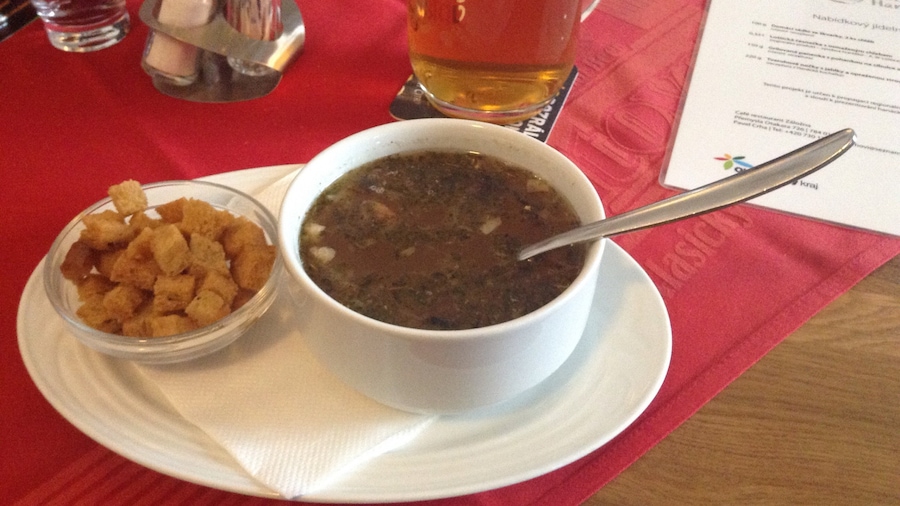 Garlic Soup from the Haná region (Hanácká česnečka).
Whilst cheese is often added to this dish, this region uses the locally produced Olomoucké tvarůžky - a low fat cheese with a strong flavour and distinctive smell.
You'll struggle to find this particular dish, and others using this cheese, in other parts of the the Czech Republic.