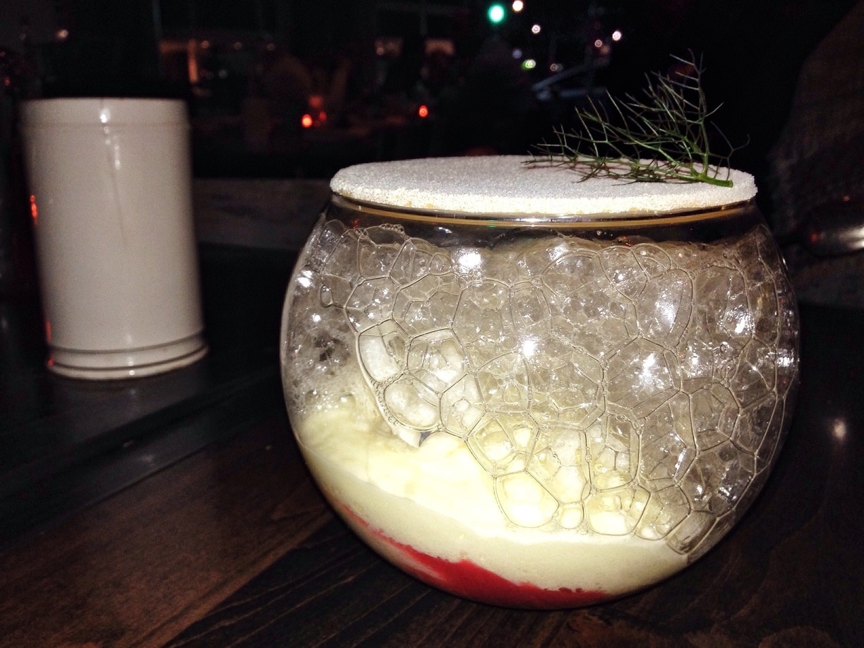 This amazing dessert was served in a fishbowl, just like the other five courses. Inside was a crème Chiboust with sour red current jelly, almond praline, rice crackers and orange blossom bubbles. Topping it off was a disc of shaved ice infused with redwood stems.  Pretty imaginative and incredible tasty.