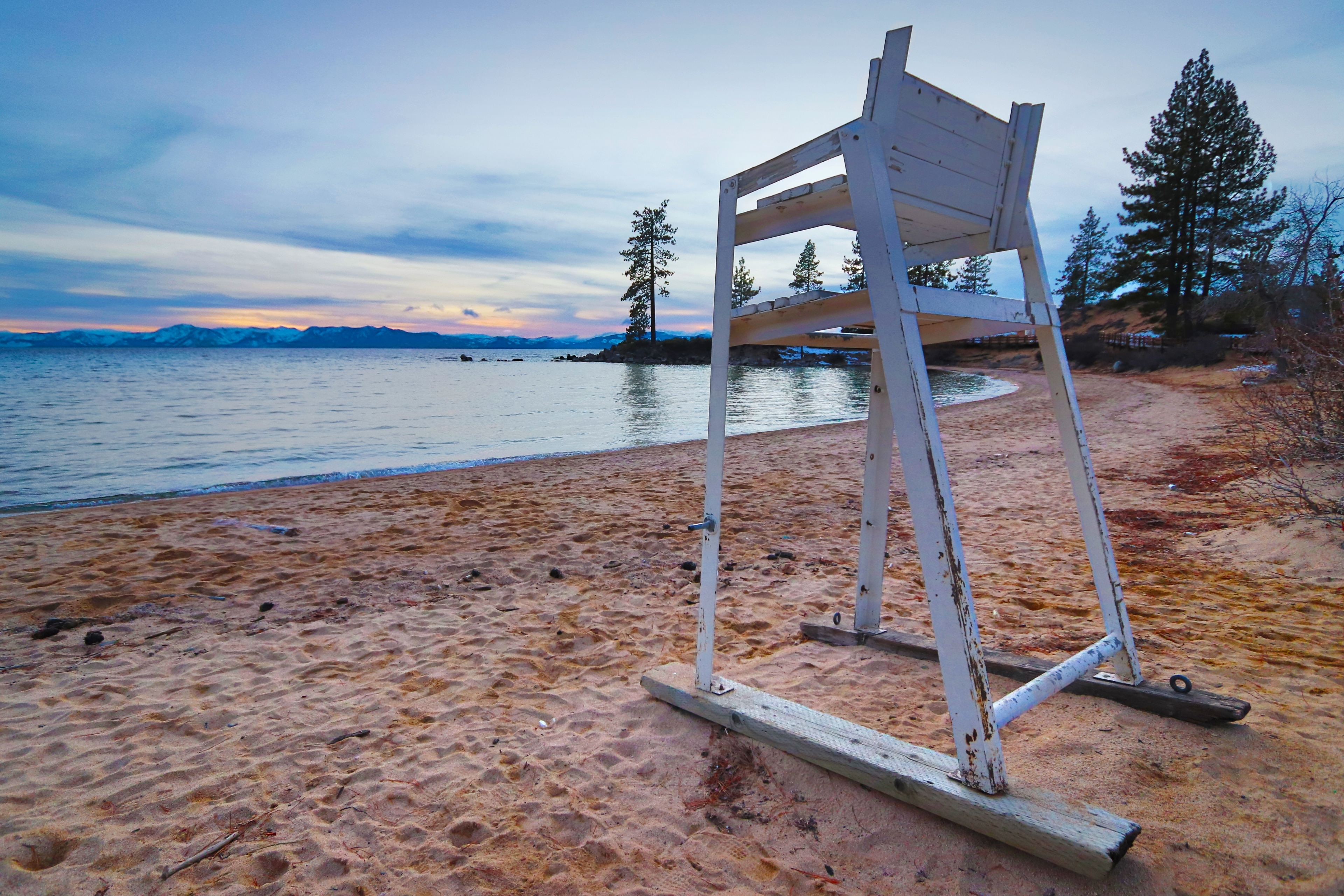 Cold January day at a very popular summer spot on Lake Tahoe.  The late hour combined with the snow and unusual solitude of the location made for a great shoot.