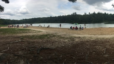 Lake for swimming at Hickory Run State Park entrance to Firelane Trail. Very close to the parking lot. Nice spot with picnic tables, BBB grills, a store with fast food items and a super clean bathroom nearby with a shower. 