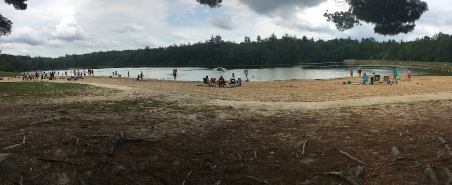 Lake for swimming at Hickory Run State Park entrance to Firelane Trail. Very close to the parking lot. Nice spot with picnic tables, BBB grills, a store with fast food items and a super clean bathroom nearby with a shower.