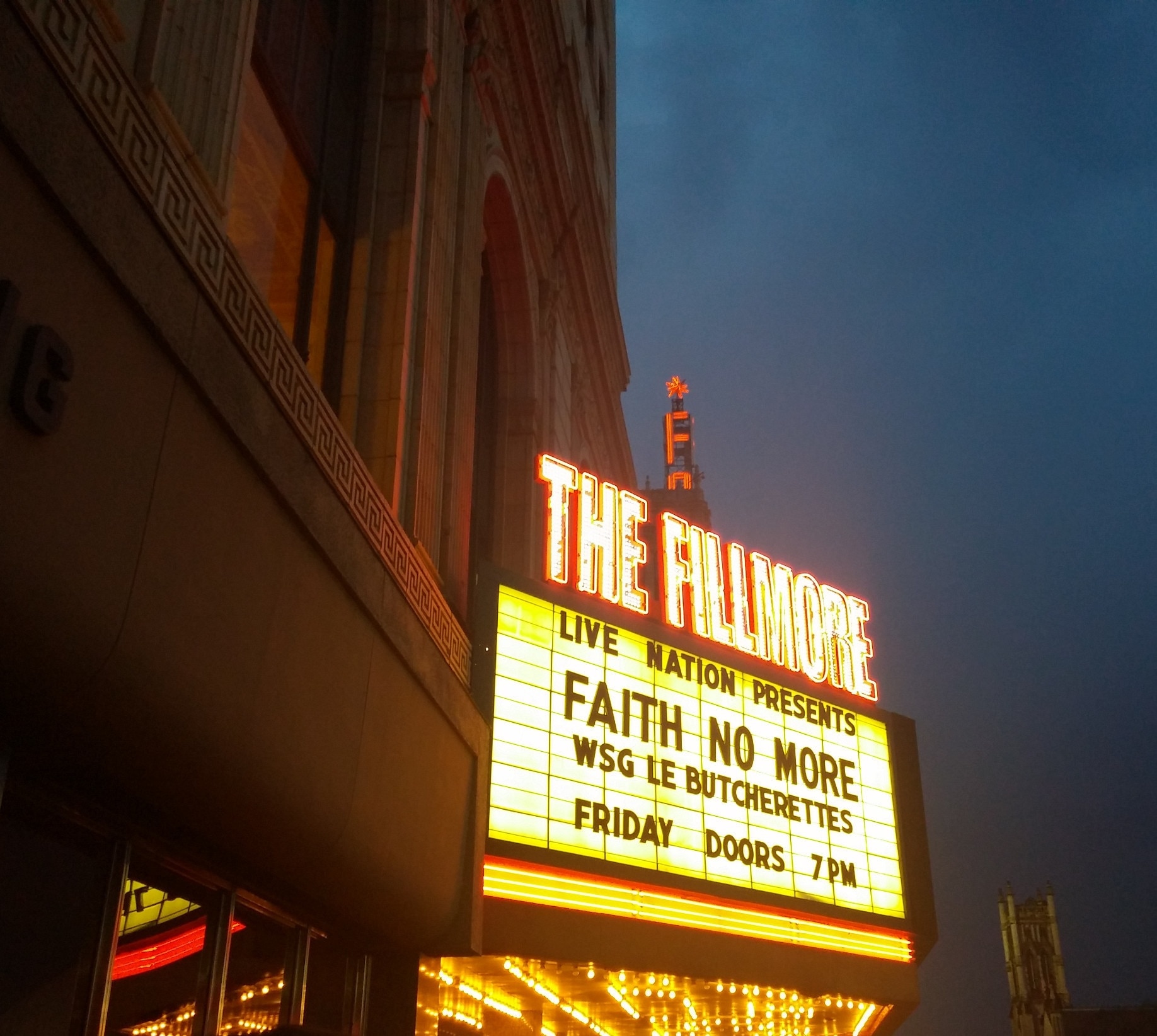 Opened in 1925  and known for most of its existence as the State Theatre, the recently rebranded Fillmore Detroit is a nearly 3000 seat concert venue.

The towering marquee of the neighboring Fox Theatre can be seen photo-bombing in the backdrop.