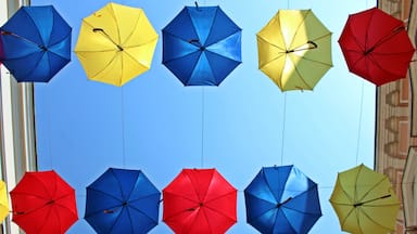 Colorful umbrellas in Banja LUka pedestrian zone as decoration for the City Day