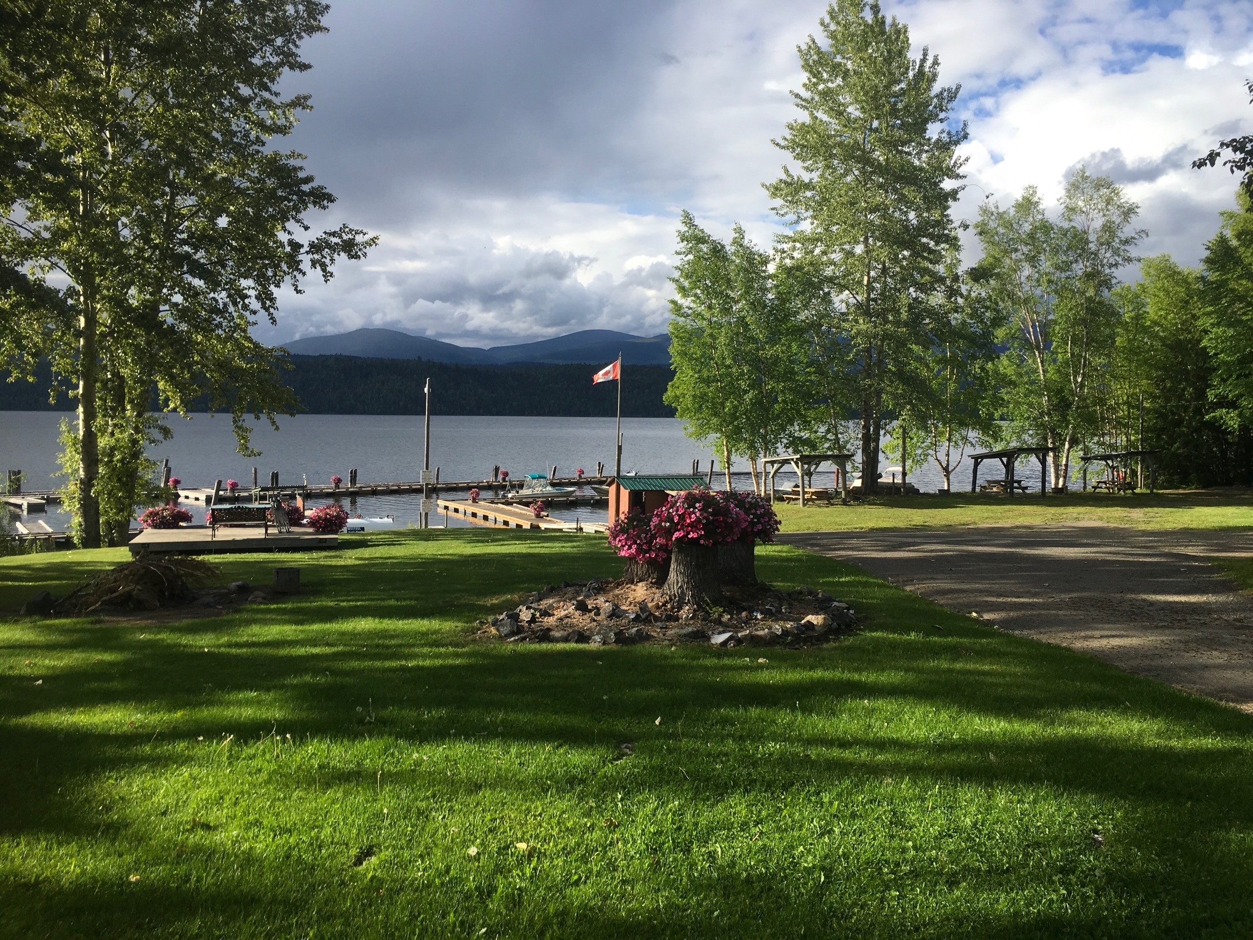 Evening view at the Plato Island Resort right on pristine Quesnel Lake.