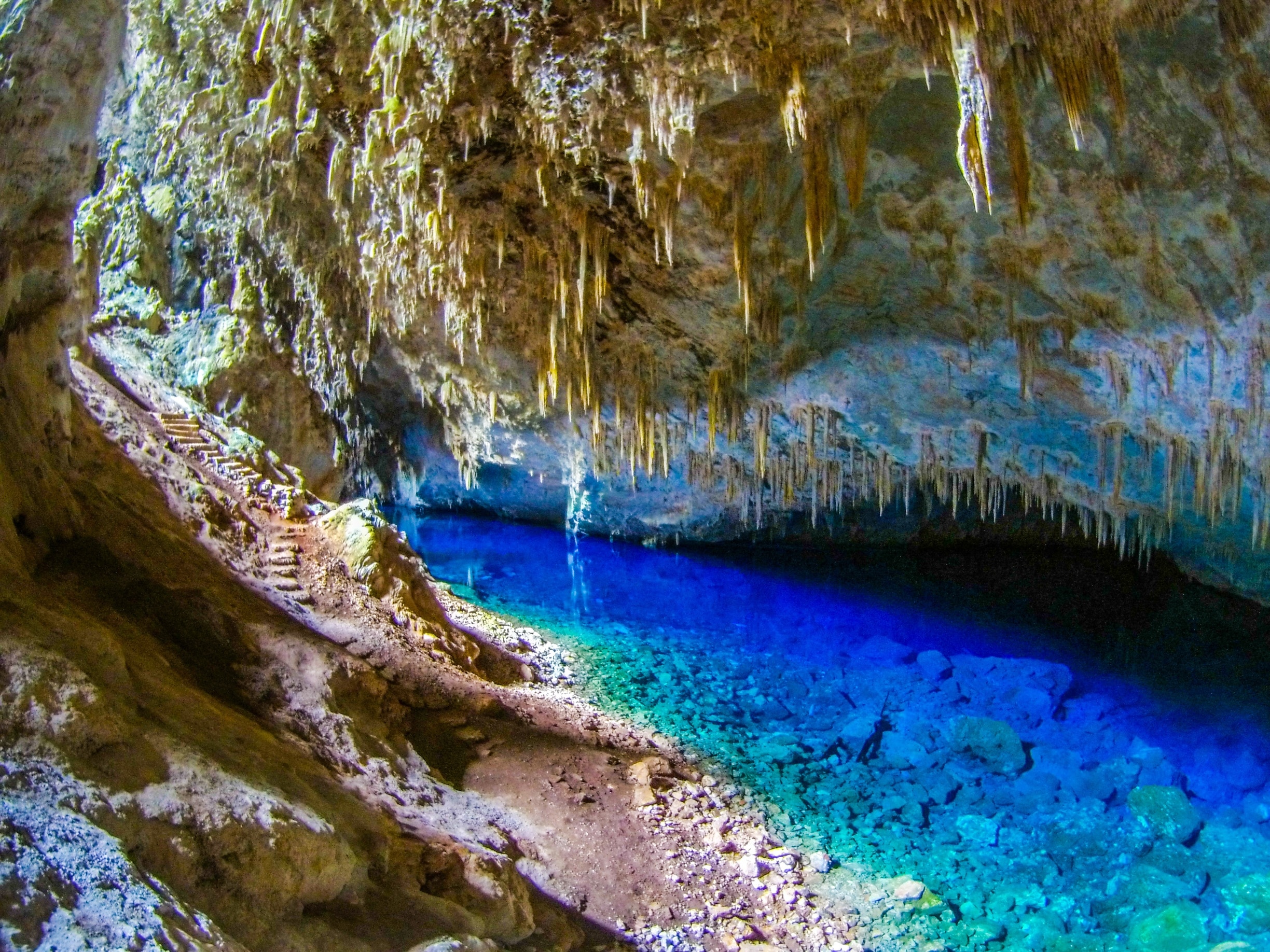 Gruta do Lago Azul, not far away from Bonito, Brazil. The magnesium in the water makes the sediments fall to the bottom, which again makes the blue water crystal clear.
