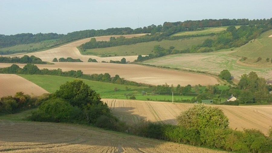 Photo "Farmland, Aldbourne A downland patchwork of stubble, ploughed fields, pastures and woodland in the Aldbourne valley." by Andrew Smith (Creative Commons Attribution-Share Alike 2.0) / Cropped from original
